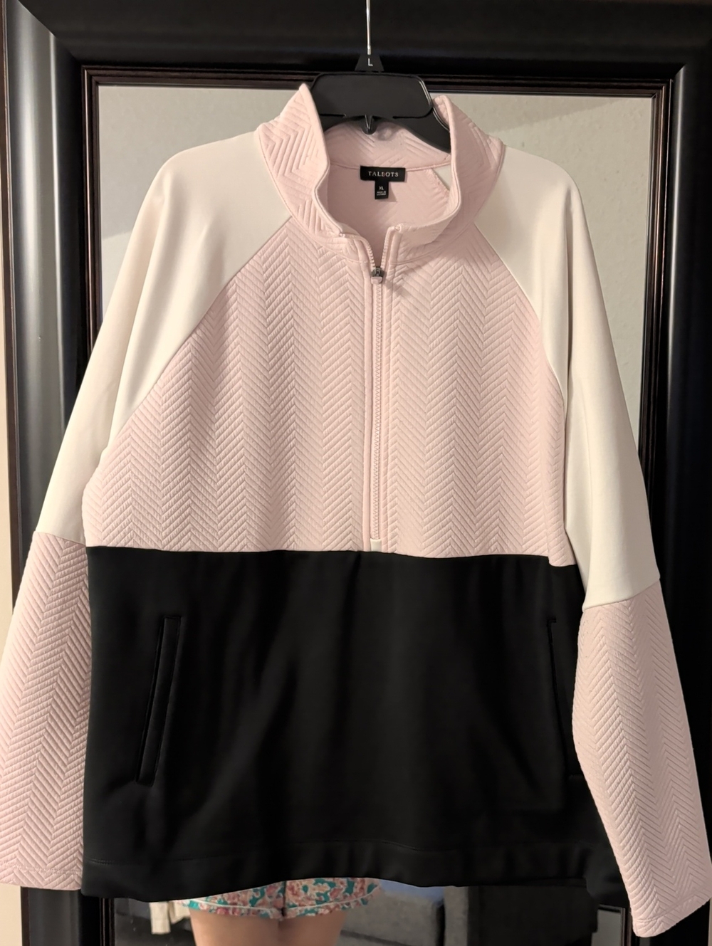 Talbots Pink, Black & White Colorblock Half Zip Pullover
